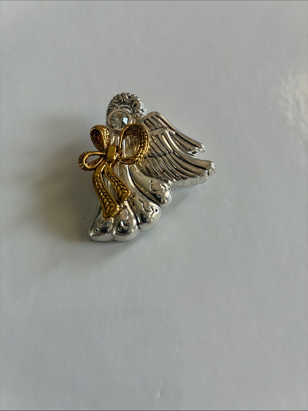 Vintage Best Signed Silver and Gold Angel Wing Pendant with Bow